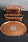A collection of three antique copper items to include a hammered engraved tray. L.39 W.29cm. (