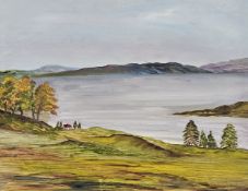 Oil on board, loch scene, within a white painted frame