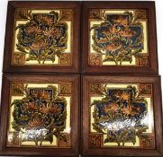 Four framed 19th century glazed hand painted tiles by W B Simpson & Sons, depicting chrysanthemums