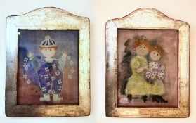 A pair of reverse paintings on glass, signed Tamara, titled 'Baby Boomer I' and 'Hu Rah'. Framed.