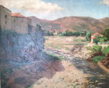 Camille Prouvost, French (1874 - 1950), oil on canvas of a French river landscape with houses and