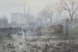 Ian Hay, a pastel mixed media work depicting a barge. H.54 W.70cm.