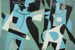 In the manner of Picasso, an abstract oil on board., in a painted silver mounted frame. H.59 W.67cm.
