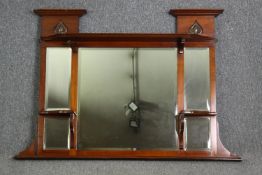 Overmantel mirror, late 19th century walnut with Art Nouveau copper inset motifs. H.84 W.122cm.
