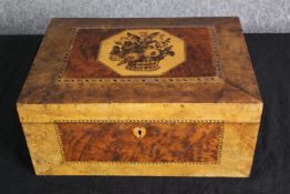 A 19th century burr yewwood and Tunbridge inlaid travelling box, with a fitted interior. H.15 W.35