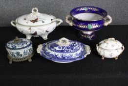 A group of four various 19th century tureens, including Derby and other Staffordshire porcelain, one