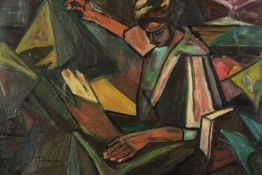 A Vorticist style figural composition, oil on canvas. H.60 W.81cm.