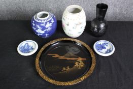 A Famille Rose vase, and other Oriental ceramics, and a lacquered plate, 20th century. Dia.26cm. (