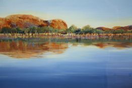 A gouache of a lake scene, in a gilt frame. H.71 W.116cm.