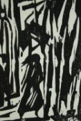 A woodcut abstract composition with figures, in a gilt frame. H.43 W.39cm.