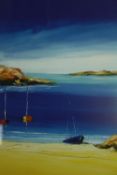 A print of a tranquil beach scene with boats, framed and glazed. H.53 W.44cm.