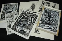 A set of ten pen and wash bizarre works of art, with anthropomorphic creatures in states of war,