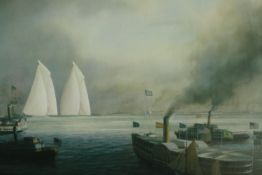 Tim Thompson, a coloured print of the America's Cup, framed and glazed. H.73 W.85cm.
