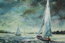 Geoffrey Thorpe, a framed oil on board of sailing boats, entitled 'One Plus Two'. H.49 W.59cm.