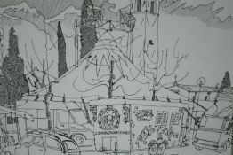 An pen and ink sketch of an Italian circus, indistinctly signed, in a hardwood frame. H.42 W.52cm.