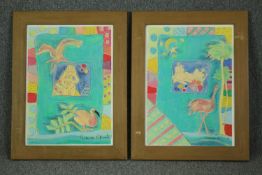 A pair of pastel compositions of tropical beach scenes, framed and glazed, signed. H.74 W.58cm. (