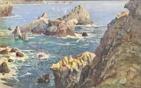 Oil on board, coastal seascape, signed H Ximona? in a giltwood frame. H.39 W.57cm.