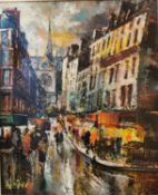 A framed 20th century oil on canvas of a Parisian street scene, indistinctly signed. H.61 W.53cm