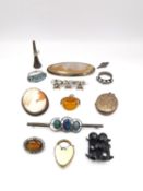 A collection of antique and costume jewellery, including a amber glass swivel fob, a silver and