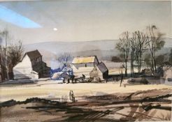 Rowland Hilder British (1905 - 1993), chalk and watercolour of a Kent landscape, signed. Framed