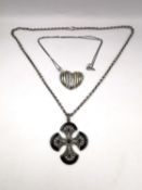 A silver Celtic cross pendant and chain set with garnet, marcasite and pearl along with a cubic