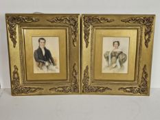 A companion pair of watercolour society portraits, of a man and lady, signed and dated WOOD 1835, in