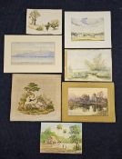 Six various unframed watercolour landscapes, and a needlework picture of a girl with a lamb. H.48