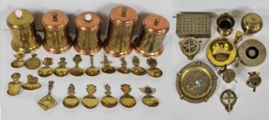 Large quantity of brass items including a Lipton British Empire Exhibition tea caddy and a desk