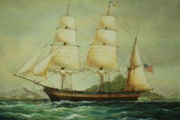 Oil on board, probably an American missionary ship, in painted and gadrooned frame. H.48 W.38cm.
