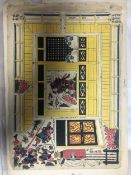 A 19th century Japanese woodblock print of the floor plan of a Japanese temple with figures in