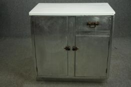 A vintage stainless steel medical style cabinet, with white enamelled top. H.85 W.84 D.52cm.
