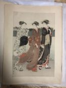 Torii Kiyonaga, Japanese (1752 - 1815), print of three geishas by a river. Unframed.