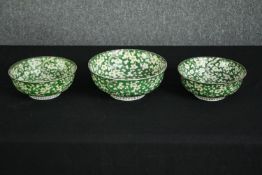 Three 20th century Chinese prunus blossom porcelain bowls, with underglaze blue seal marks. H.9