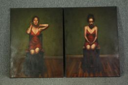 † Daniel Hughes, Canadian, (b.1968), two oil on canvases, 'Red Dress I' and 'Red Dress II', label