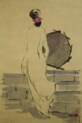 An ink and wash portrait of a woman standing with parasol looking into the distance, indistinctly