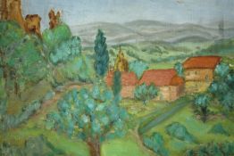 An early 20th century oil on canvas, Impressionist style Provence landscape with houses,