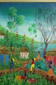 A Haitian oil on canvas, rural village scene, signed Lesly. H.65 W.52cm.