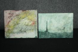 STOT21stCplanB (Harry Adams), two oil and caustic paint on boards:The End and stormy sea, signed