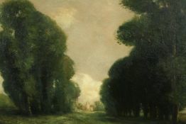 A 19th century oil on canvas, landscape vista with distant church, indistinctly signed. H.52 W.62cm.