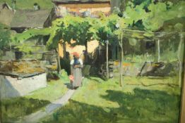 A late 19th century Continental School Impressionist style oil on board, a woman walking along a