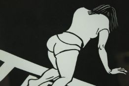 A woodcut print of a woman, in a gilt and glazed frame. H.42 W.63cm.