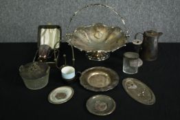 Various silver and silver plated wares, including a handled fruit bowl and silver topped dressing