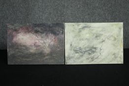 STOT21stCplanB (Harry Adams), two oil and caustic paint on boards, untitled. H.22 W.30cm. (each).