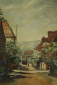 R Maudait (19th century), a watercolour street view with figure and ruin of an arch, signed,