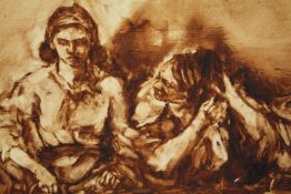 A framed acrylic on paper of two figures in sepia, indistinctly signed. H.42 W.50cm.