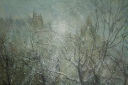William Edward Ware (1915-1997) oil on canvas, a sunlit winter landscape with distant (Edinburgh?)