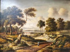 A framed early 20th century oil on board of a country side lake scene with figure, unsigned. H.45