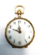 A 19th century 18ct French tri-coloured gold rose design ladies automatic fob watch, white enamel