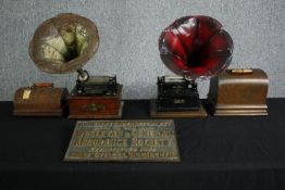 Two late 19th century Edison phonographs along with a brass plaque for the Wesleyan & General