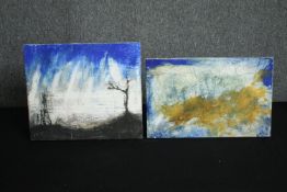 STOT21stCplanB (Harry Adams), two oil and caustic paint on boards: Pylon + Tree and Too Much White